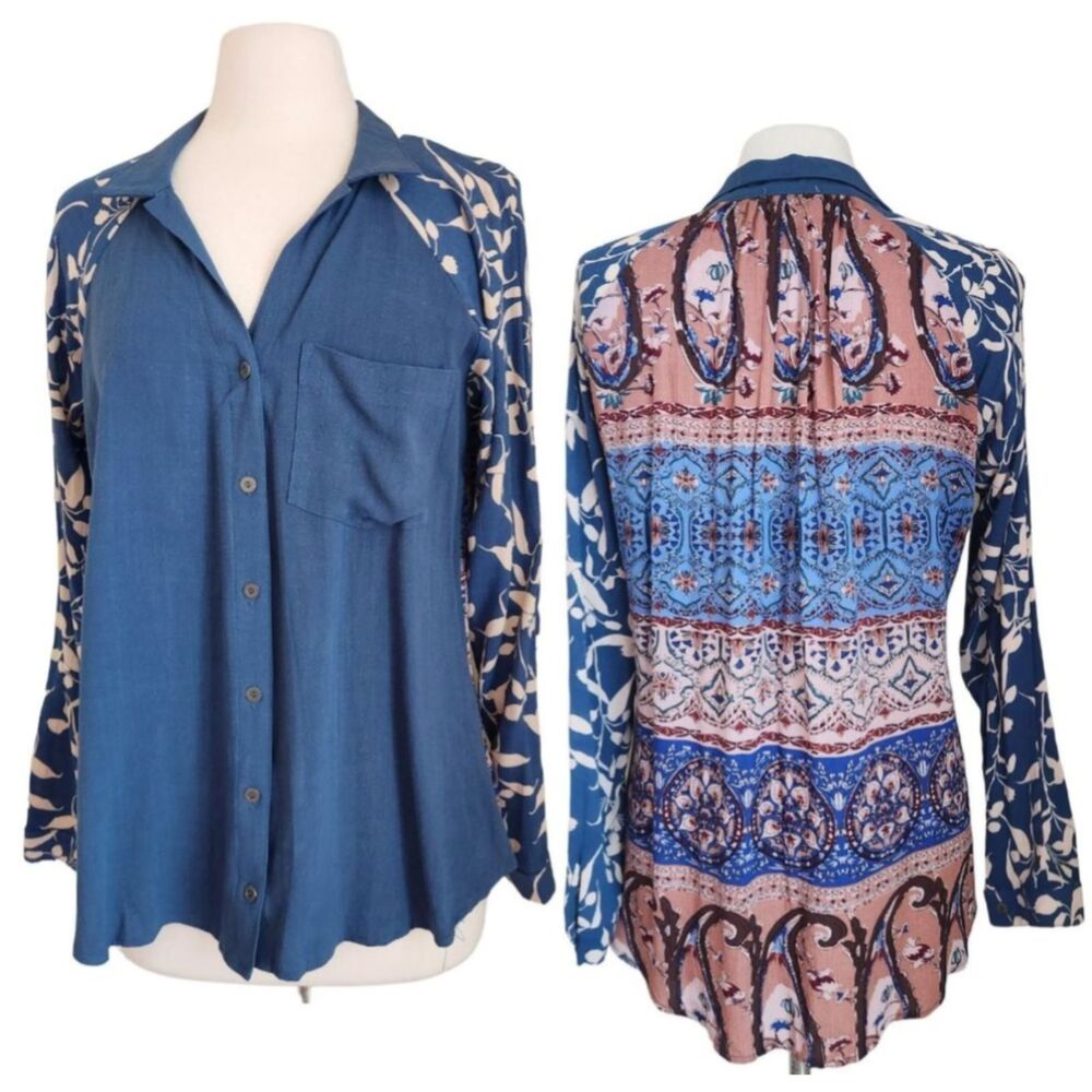 Women's Umgee Boho Linen Button Front Floral Top, Size Medium